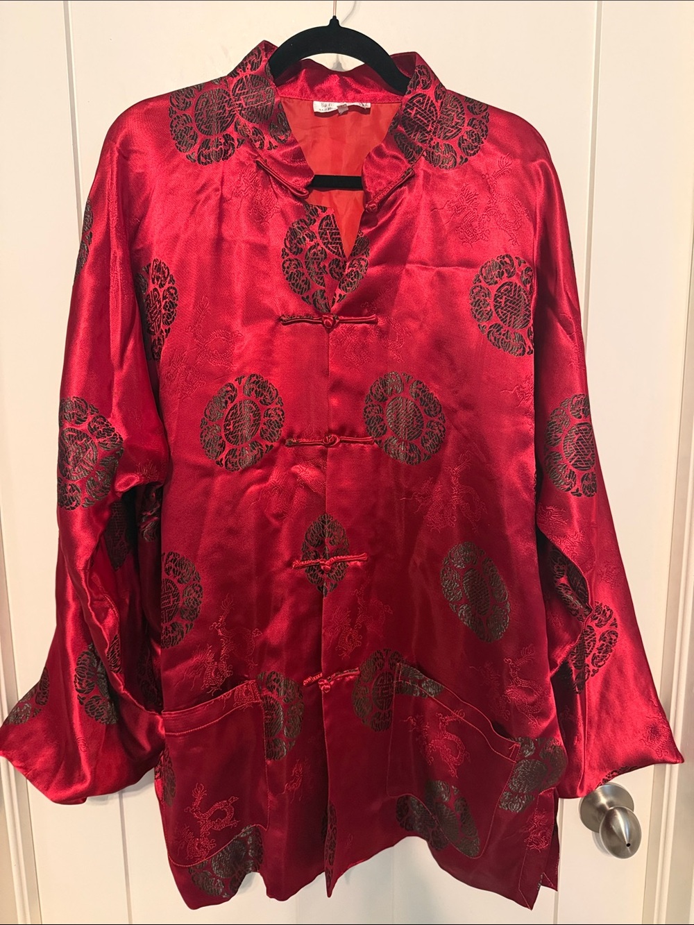 Mei Hua Red Satin Jacket with Black Medallion and Subtle Dragon Motifs Size XXL
